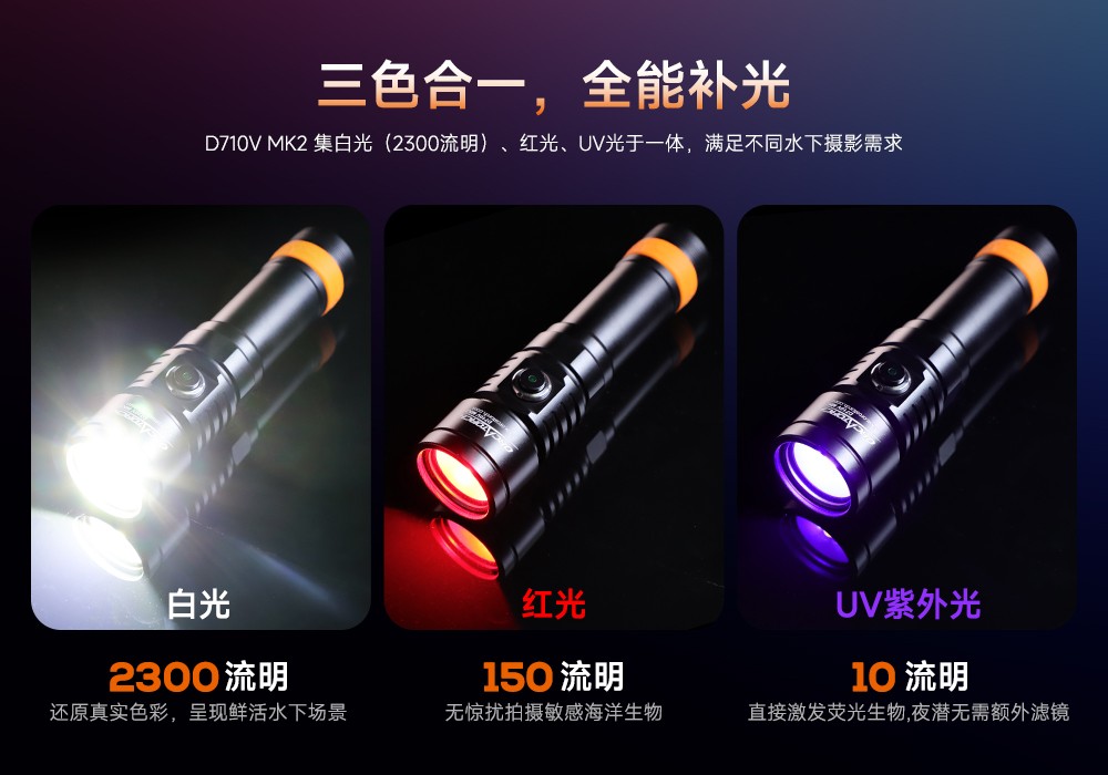 潛水攝影補光燈,水下攝影燈,水(shuǐ)下攝影照明,水下攝影三色燈,專業潛水燈,草莓视频官网OrcaTorch,攝影補光燈
